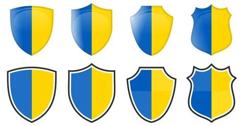 Vertical Ukraine flag in shield shape, four 3d and simple versions. Ukrainian Stock Illustration