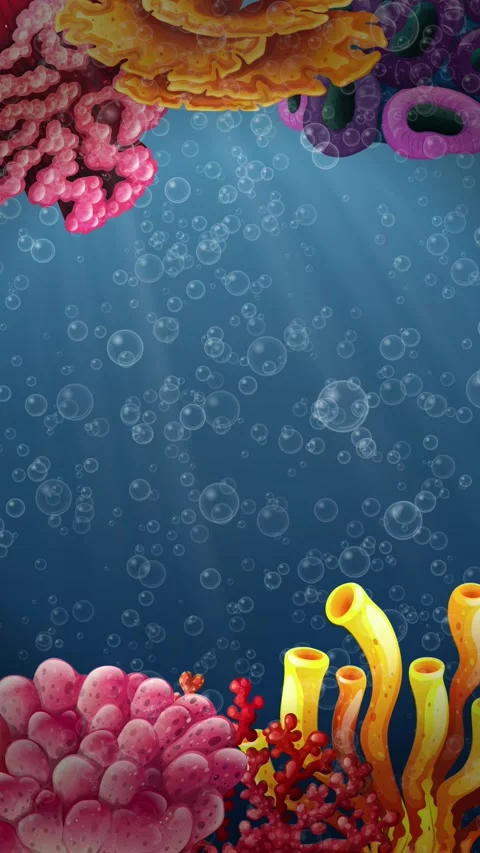 Vertical Underwater Cartoon Ocean Background with Coral Reef and Bubbles Stock Footage 346116078