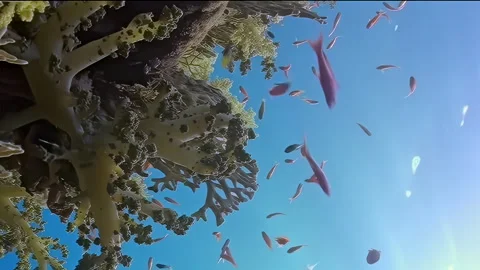 Vertical underwater video about school of orange fish and coral in blue water. Stock Footage 274035549