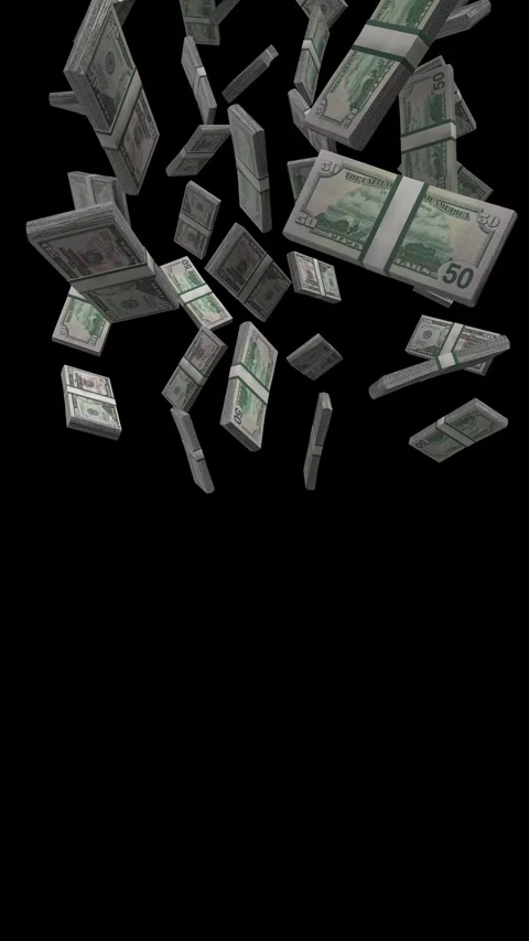 Vertical United States Dollars Banknotes Falling Animation on Black Screen Video stock 298096181