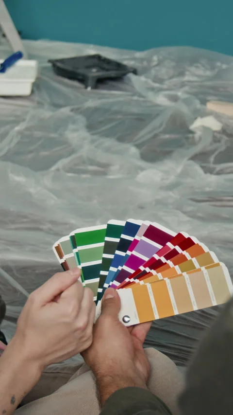 Vertical of Unknown Man Holding Palette Discussing Color Options with Girlfriend Stock Footage 323298885