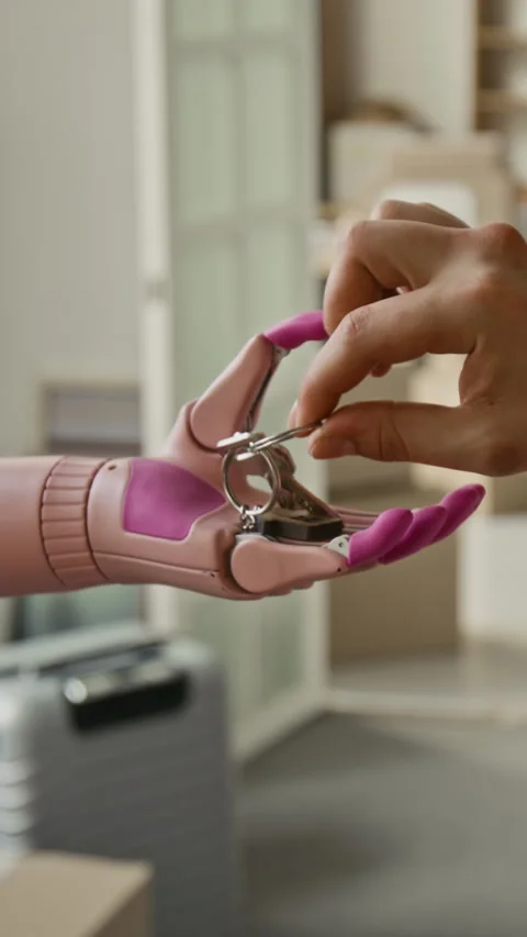 Vertical of Unrecognisable Girl with Bionic Arm Taking Keys from Unknown Man 스톡 동영상 323296169
