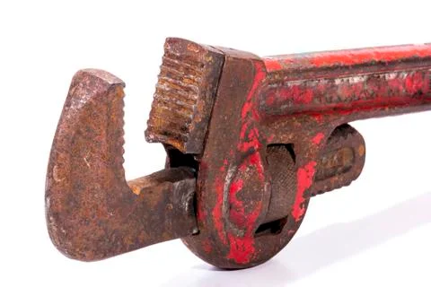 Vertical Upright Old Neglected Rusty Red Monkey Wrench Spanner Stock Photos