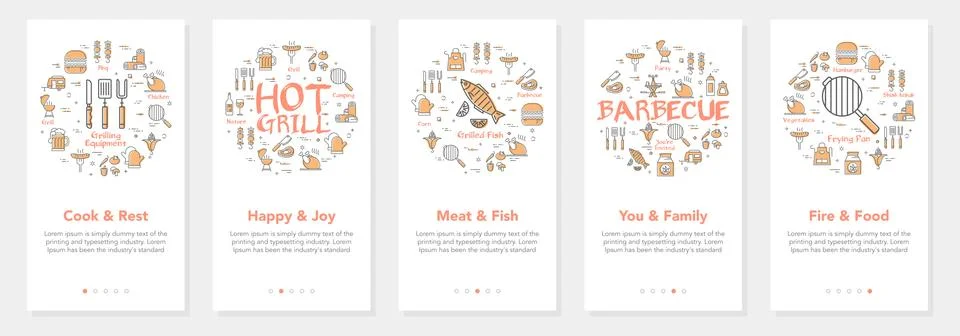 Vertical vector bbq and picnic summer five banners- cook and rest, happy and joy Stock Illustration