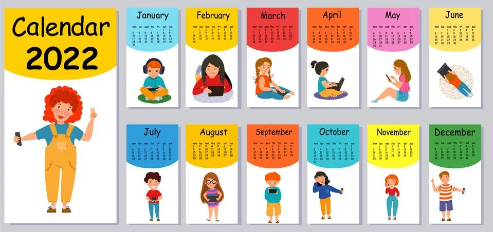 Vertical vector calendar design template for 2022, flat design. Stock Illustration