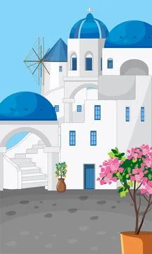 Vertical vector illustration of Mediterranean architecture with white walls,  스톡 일러스트