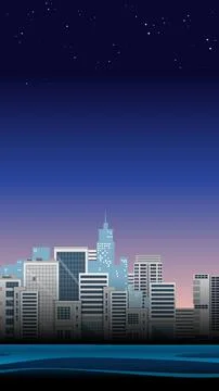 Vertical Vector Illustration of a Modern City Skyline at Night Stock Illustration