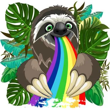 Vertical vector illustration of a sloth spitting rainbow. Surreal cartoon Stock Illustration