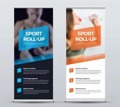 Vertical vector roll up banner with presentation of design for sports nutriti Stock Illustration