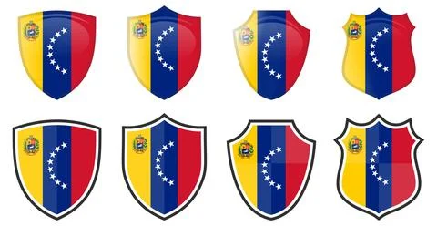 Vertical Venezuela flag in shield shape, four 3d and simple versions. Ilustración de archivo