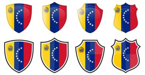 Vertical Venezuela flag in shield shape, four 3d and simple versions. Vert... Stock Photos