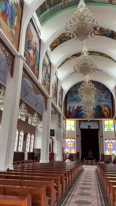 Vertical Vertical view of a massive Catholic church interior in Chengdu Stock Footage 334700054