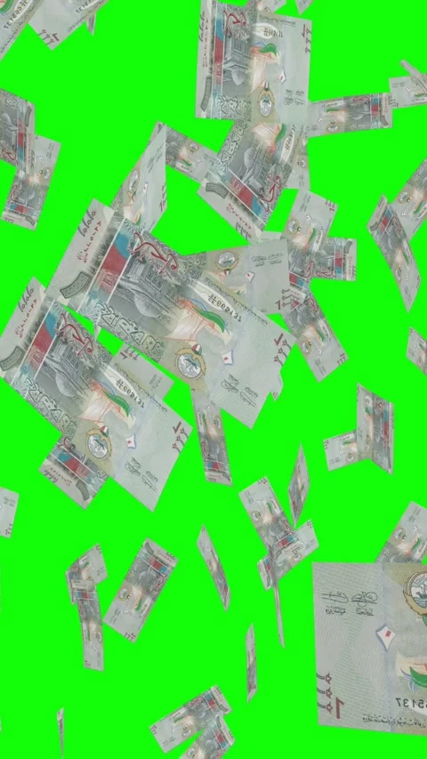 Vertical video of 1 KUWAITI DINAR notes falling Green screen Stock Footage 302814559