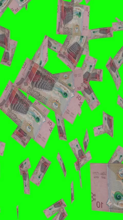 Vertical video of 10 KUWAITI DINAR notes falling Green screen Stock Footage 302814578