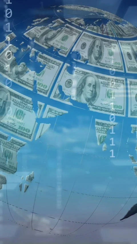 Vertical video: $100 globe emerging left rotating while binary streams falling Stock Footage 335678133
