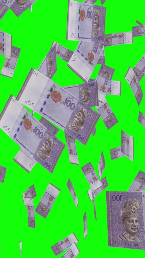 Vertical video of 100 MALAYSIAN RINGGIT notes falling Green screen Stock Footage 302816012