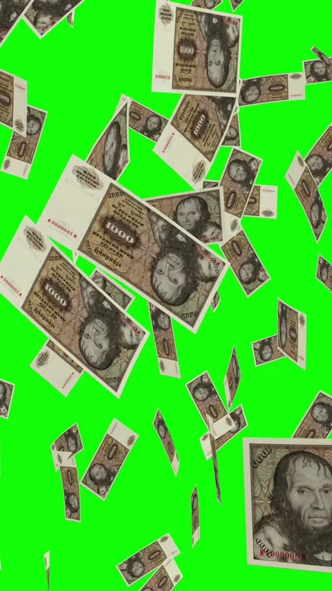 Vertical video of 1000 DEUTSCHE MARK GERMANY notes falling Green screen Stock Footage 302812616