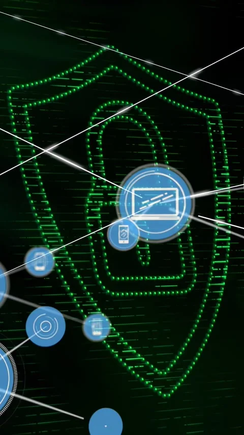 Vertical video: 1st center icon showing icons linking and moving as shield Stock Footage 331168738