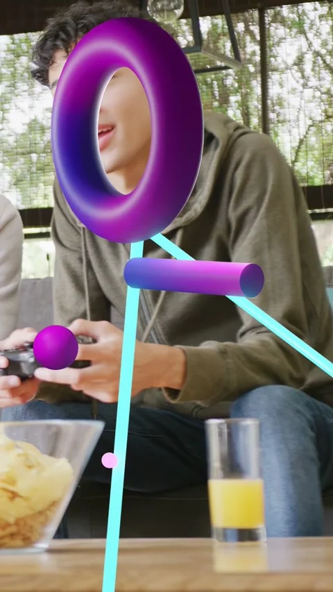 Vertical video: 2 boys using pads on couch game starting 3D graphics crossing Stock Footage 333259586