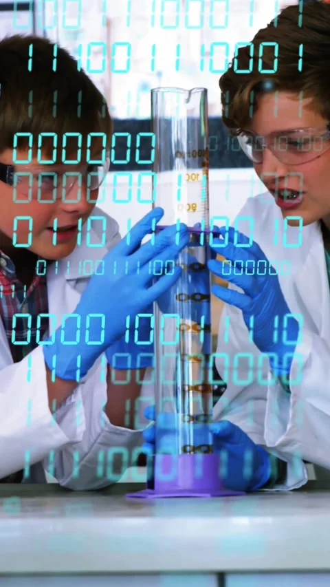 Vertical video: 2 kids placing tube on purple base aligning rings to lab marks Stock Footage 331274227
