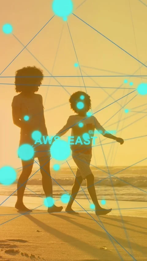 Vertical video: 2 kids walking hand-in-hand at sunset causing AWS_EAST cloud Stock Footage 334128034