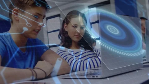 Vertical video: 2 peers sitting in tech lab blue HUD rising and urging boy using Stock Footage 332285464