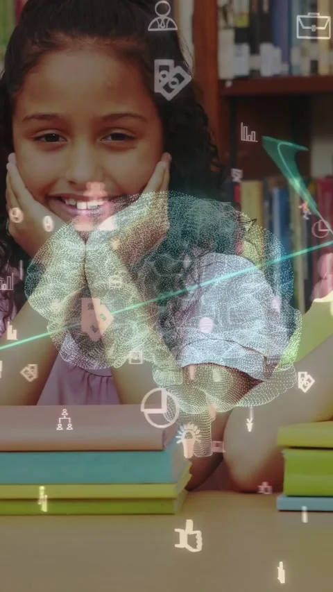 Vertical video: 2 students leaning table camera shifting 3D brain icons showing Stock Footage 333556816
