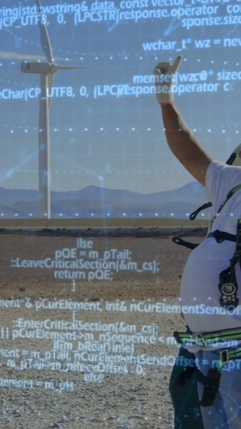Vertical video: 2 techs pointing at turbine on windfarm starting UI overlay Stock Footage 334604718