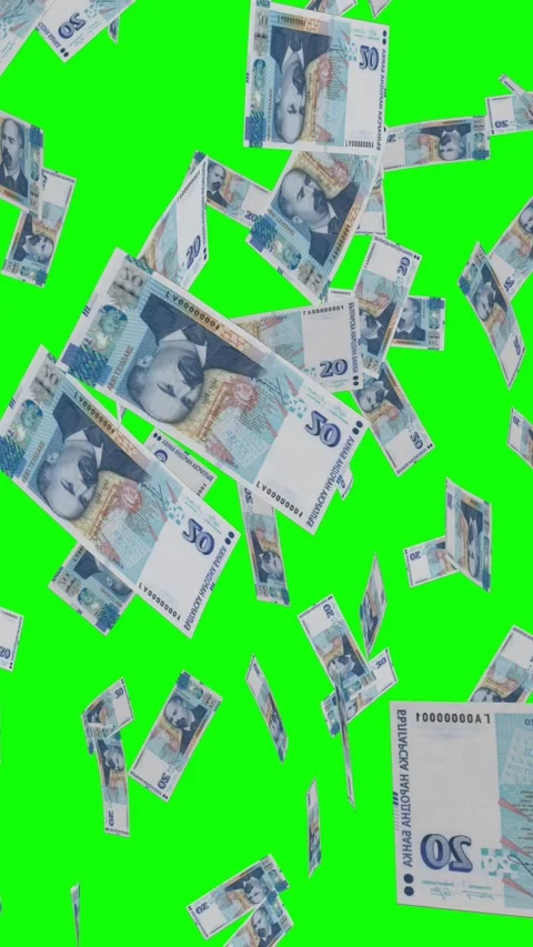 Vertical video of 20 BULGARIAN LEVA notes falling Green screen Stock Footage 302811587