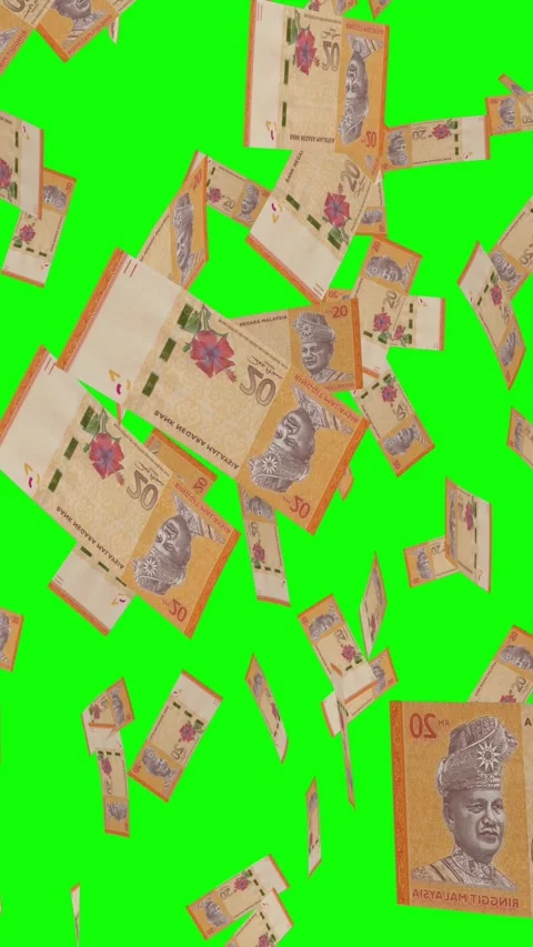 Vertical video of 20 MALAYSIAN RINGGIT notes falling Green screen Stock Footage 302816071