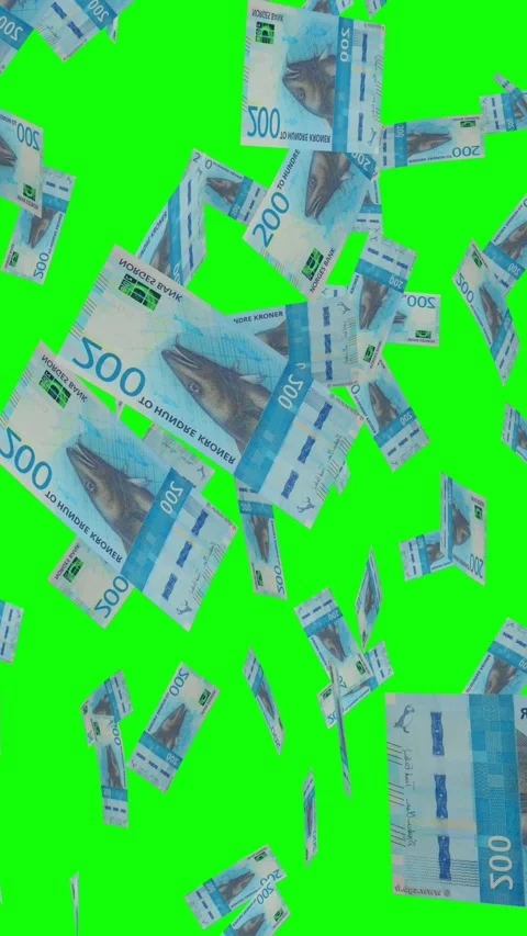 Vertical video of 200 DANISH KRONE notes falling Green screen Stock Footage 302812394