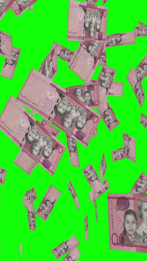 Vertical video of 200 DOMINICAN PESO notes falling Green screen Stock Footage 302812615