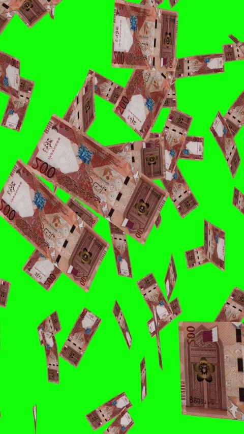 Vertical video of 200 QATARI RIYAL notes falling Green screen Stock Footage 302816706