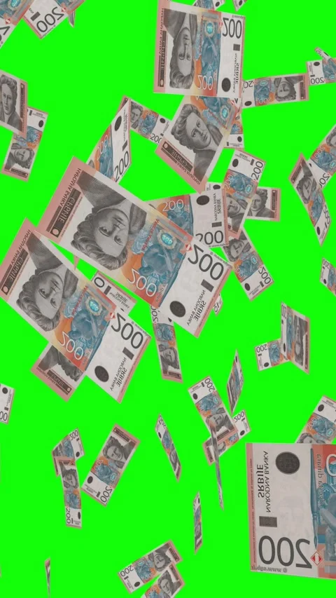 Vertical video of 200 SERBIAN DINAR notes falling Green screen Stock Footage 302816887