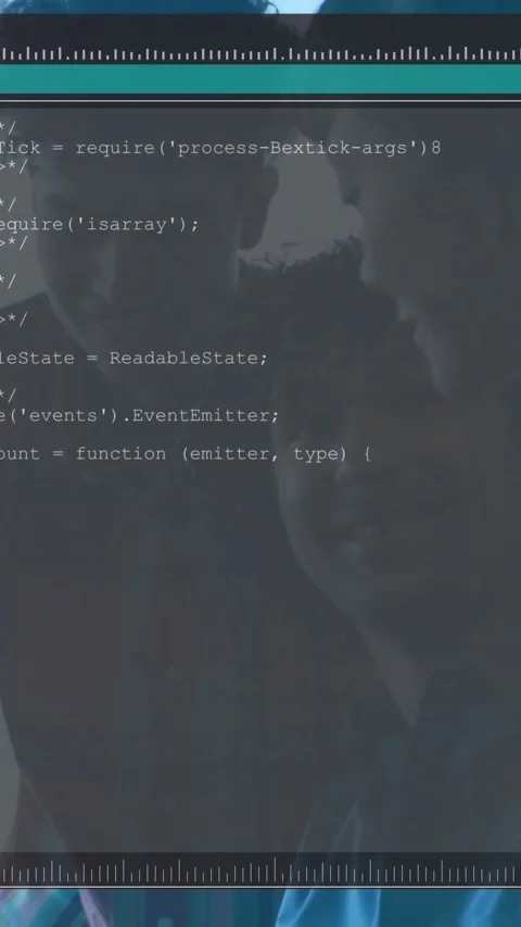 Vertical video: 3 devs leaning at window, screen updating JS overlay and ruler 스톡 동영상 331009644
