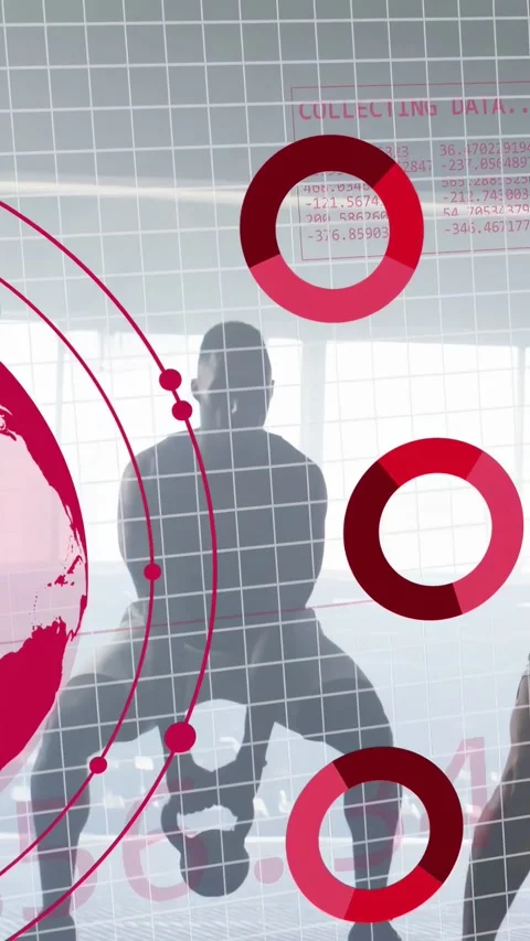 Vertical video: 3 men moving behind grid, globe moving causing binary matrix Stock Footage 333954279