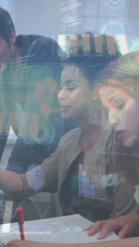 Vertical video: 3-person team reviewing docs and laptop, woman pointing, Stock Footage 334317809