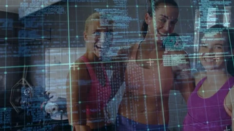 Vertical video: 3 women posing in gym, mid raising phone, taking workout selfie, Stock Footage 334112656