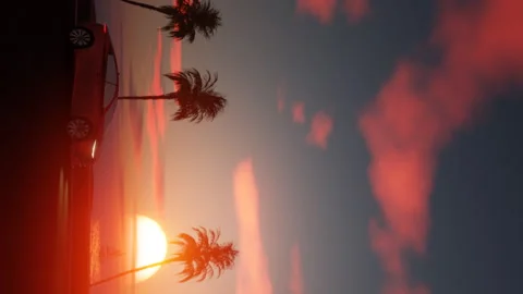 Vertical video 3D animation loop car driving on road near the sea, ocean at Stock Footage 253722075