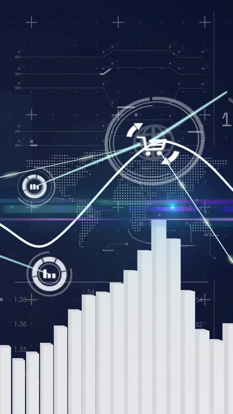 Vertical video: 3D bar chart rising with wavy line sweeping, linking cart node Stock Footage 332277824