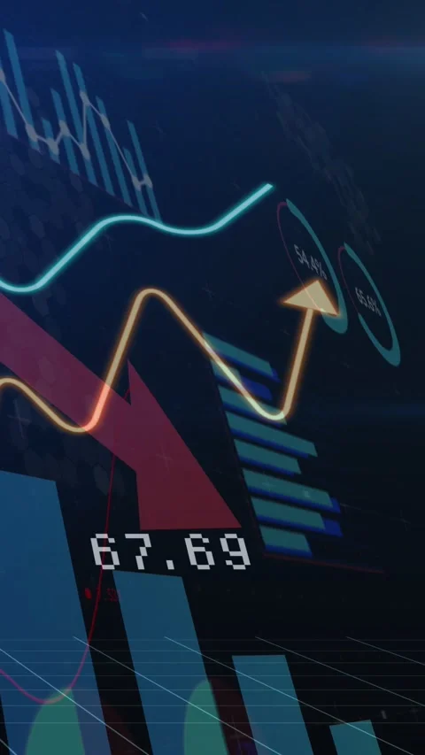Vertical video: 3D bars with red arrow, numeric label rising then plunging, Stock Footage 330260508