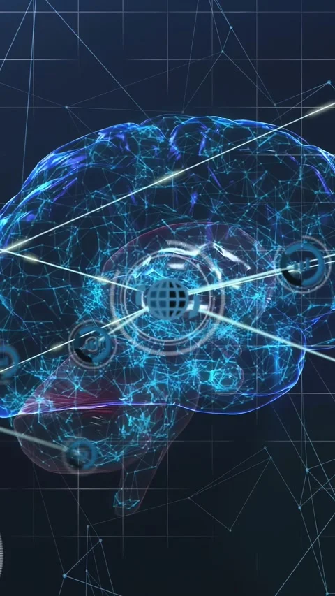 Vertical video: 3D brain rotating, rings forming, node moving, lines linking Video stock 329552618