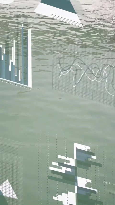 Vertical video: 3D data overlay appearing above shallow water, bars rising, Stock Footage 333236645