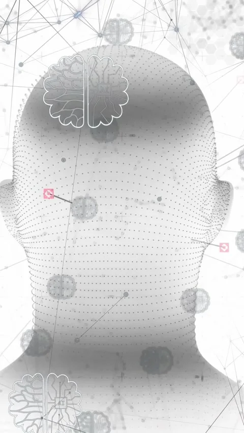 Vertical video: 3D dot mesh head rotating and tilting on signal linking markers Stock Footage 334378240