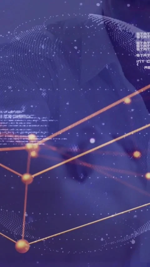 Vertical video: 3D globe appearing node mesh shifting over man showing face data Stock Footage 330242522