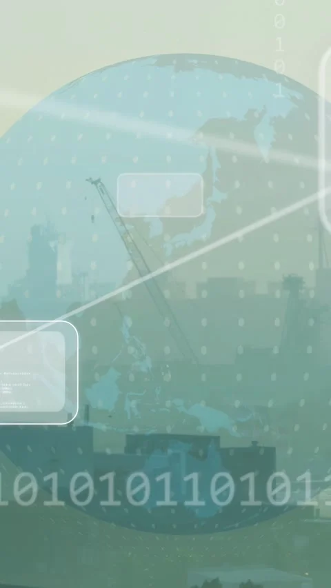 Vertical video: 3D globe appearing rotating over muted harbor linking UI icons Stock Footage 334128252
