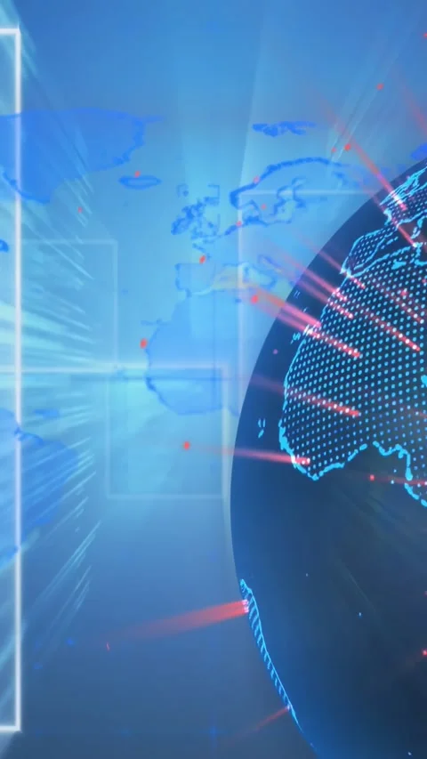 Vertical video: 3D globe entering right, releasing red streaks and rotating, Stock Footage 331168697