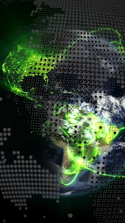 Vertical video: 3D globe rotating while camera panning spawning neon arcs Stock Footage 330794942