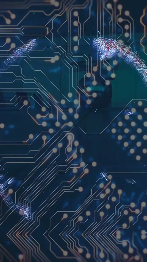 Vertical video: 3D globe rotating, causing dot streams via PCB paths, reforming, Stock Footage 333480583