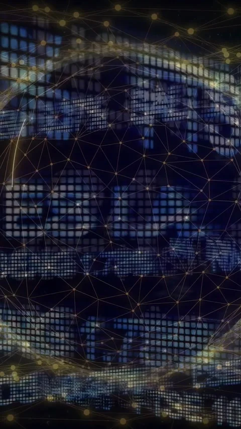 Vertical video: 3D globe rotating, pulsing on pixel pulse, golden arcs sweeping, Video stock 334296482